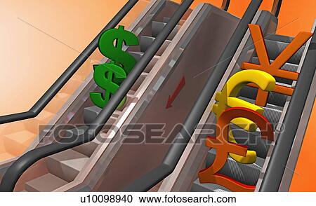 High angle view of currency signs on an escalator View Large Illustration Clipart - High angle view of currency signs on an escalator. Fotosearch