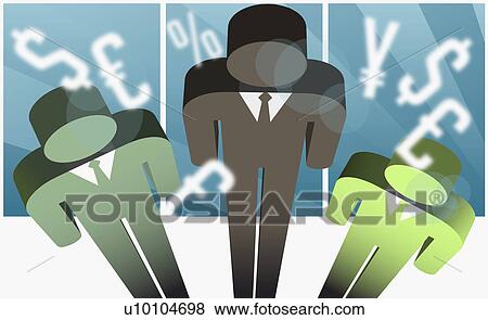Stock Illustration - High angle view of three businessmen in front of currency symbols. Fotosearch