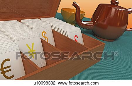 Drawing - Kettle and a cup near currency symbols. Fotosearch