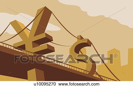 Clipart - Low angle view of a bridge with suspension cables held up by a yen and a dollar sign. Fotosearch