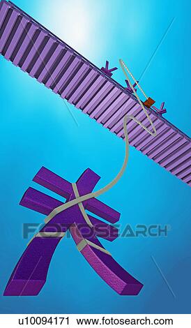 Clip Art - Low angle view of a yen sign hanging with a bungee cord from a bridge. Fotosearch