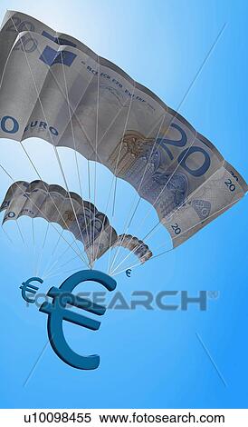 Low angle view of euro signs falling with parachutes View Large Illustration Stock Illustration - Low angle view of euro signs falling with parachutes. Fotosearch
