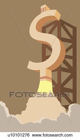 Stock Illustration - Rocket in shape of dollar sign taking off from launch pad. Fotosearch
