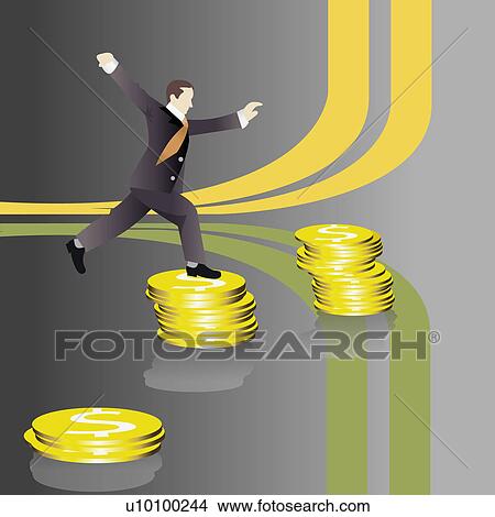 Stock Illustration - Side profile of a businessman standing on a stack of dollar coins. Fotosearch