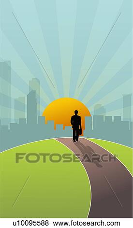 Stock Illustration - Silhouette of a businessman walking towards a city at sunset. Fotosearch