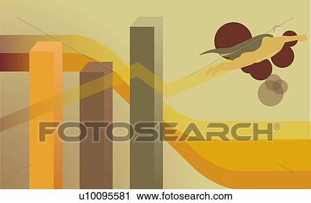 Clip Art - Superhero flying near a bar graph. Fotosearch