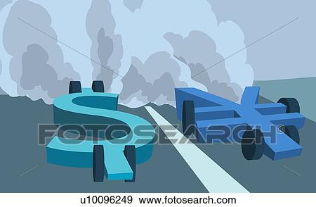 Stock Illustration - Two race cars in the shape of a dollar sign and a yen sign. Fotosearch
