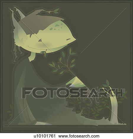 Clip Art - Close-up of a leprechaun eating a branch of a tree. Fotosearch
