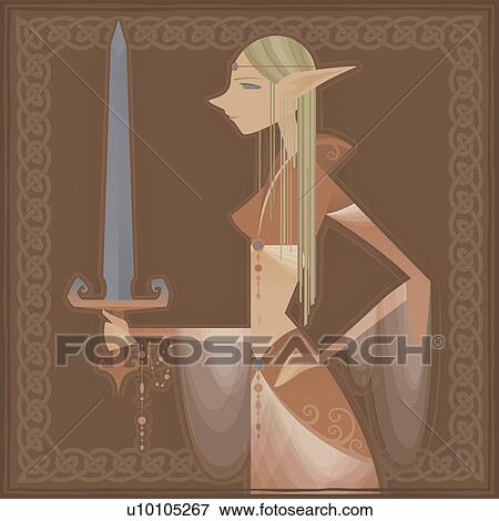 Side profile of a young woman holding a sword View Large Illustration Stock Illustration - Side profile of a young woman holding a sword. Fotosearch