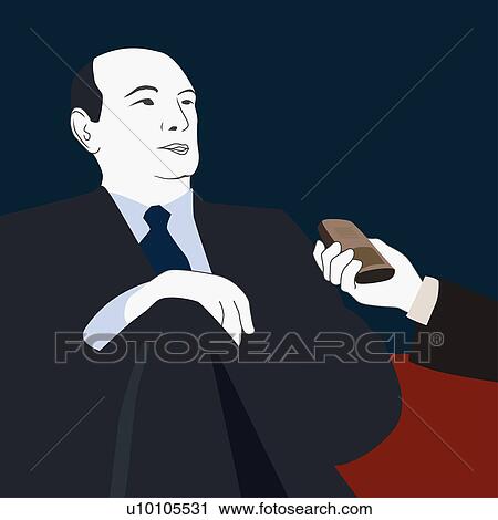 Clip Art - Close-up of a businessman talking into a voice recording device during an interview. Fotosearch