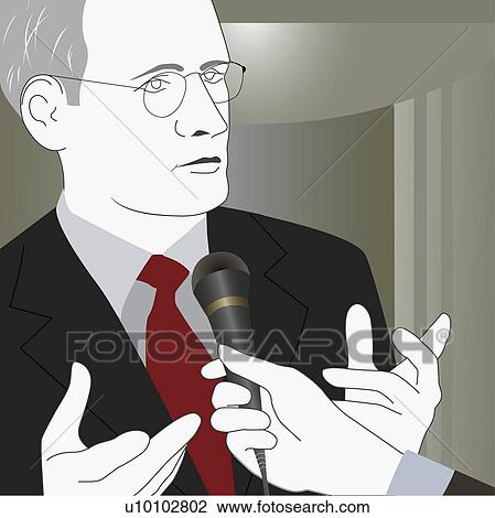 Close-up of a businessman talking into a microphone during an interview View Large Illustration Drawing - Close-up of a businessman talking into a microphone during an interview. Fotosearch