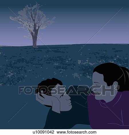 Drawing - Close-up of a young couple lying in a park. Fotosearch
