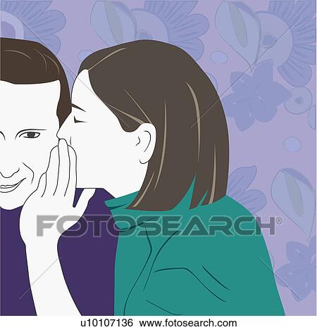 Stock Illustration - Close-up of a young woman whispering in a young man's ear. Fotosearch