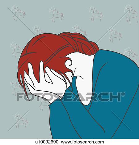 Clipart - Close-up of a young woman with her head in her hands. Fotosearch