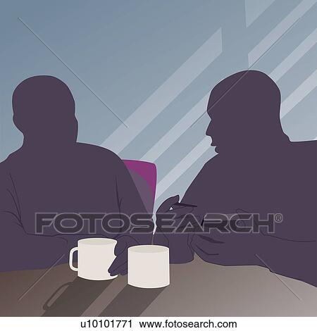 Clip Art - Close-up of two men sitting at a table in a restaurant. Fotosearch