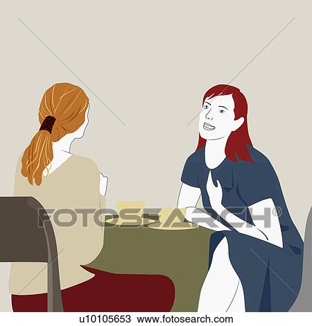 Close-up of two young women sitting at the table in a restaurant View Large Illustration Drawing - Close-up of two young women sitting at the table in a restaurant. Fotosearch