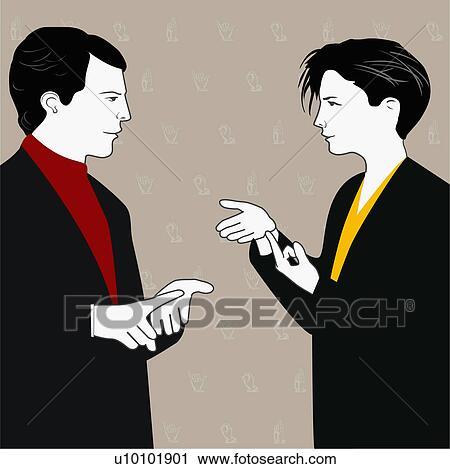 Clip Art - Side profile of a businessman and a businesswoman using sign language. Fotosearch