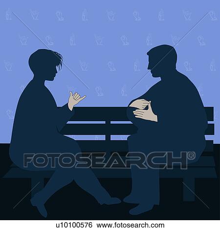 Stock Illustration - Side profile of a young man and a young woman using sign language. Fotosearch