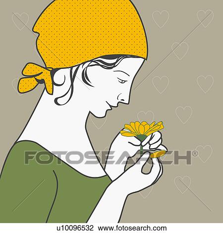 Drawing - Side profile of a young woman plucking the petals of a flower. Fotosearch
