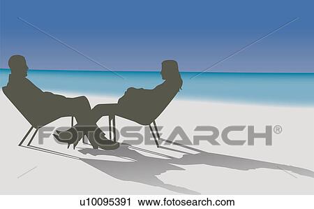 Clip Art - Silhouette of a young man and a young woman sitting on the beach and talking. Fotosearch