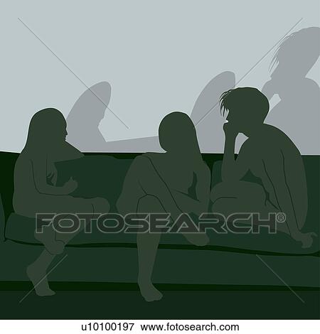 Stock Illustration - Silhouette of three people sitting on a couch. Fotosearch