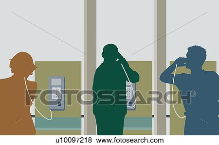 Stock Illustration - Silhouette of two young men and a young woman talking on pay phones. Fotosearch