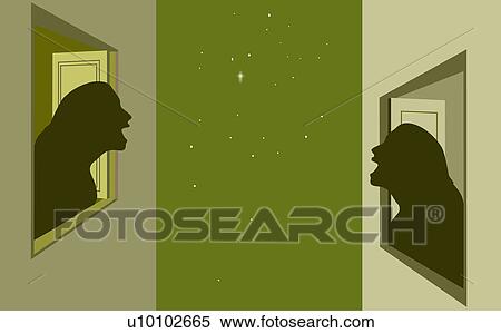 Stock Illustration - Silhouette of two young women talking to each other through windows in opposite windows. Fotosearch