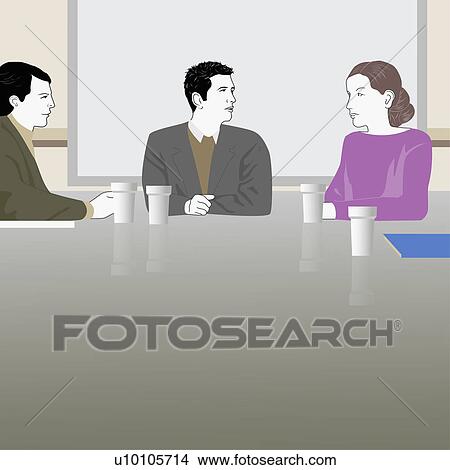 Stock Illustration - Two businessmen and a businesswoman discussing. Fotosearch