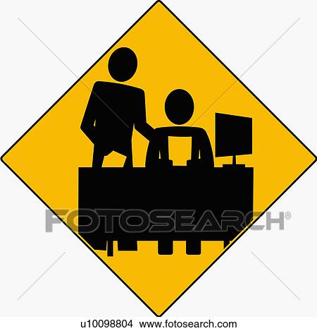 Stock Illustration - Businessman sitting at the table with another businessman standing beside him. Fotosearch