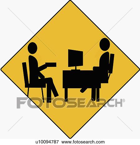 Stock Illustration - Businessman sitting in front of a computer with another businessman holding a file. Fotosearch