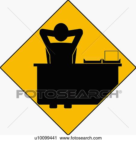 Clip Art - Businessman sitting with his hands behind his head in an office. Fotosearch