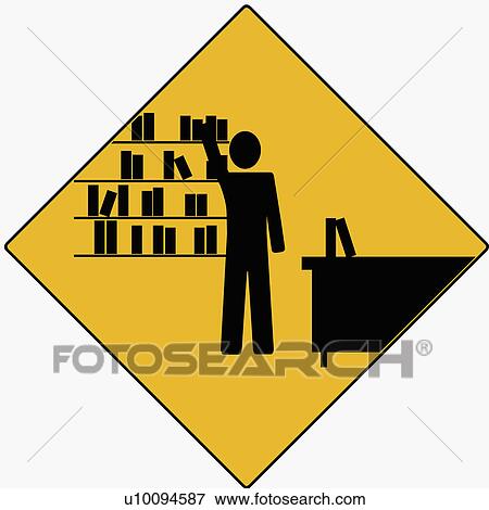 Stock Illustration - Businessman standing near a bookshelf and reaching out for a file. Fotosearch