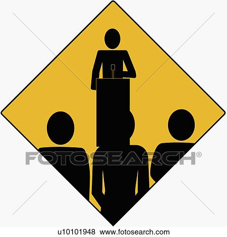 Person standing at a podium and giving a speech to three people View Large Illustration Stock Illustration - Person standing at a podium and giving a speech to three people. Fotosearch