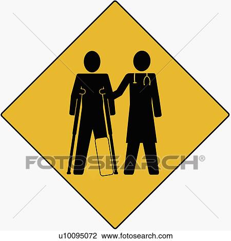Drawing - Silhouette of a doctor helping a patient on crutches. Fotosearch