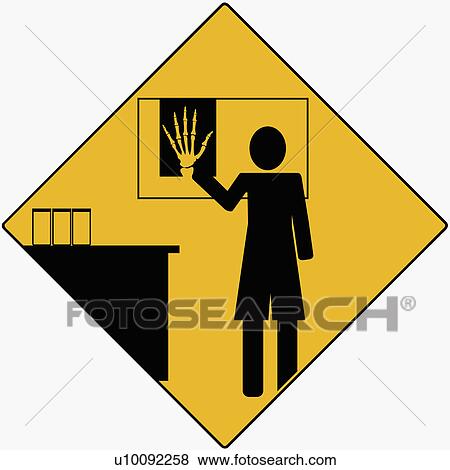 Stock Illustration - Silhouette of a doctor standing near an X-Ray image of a hand. Fotosearch