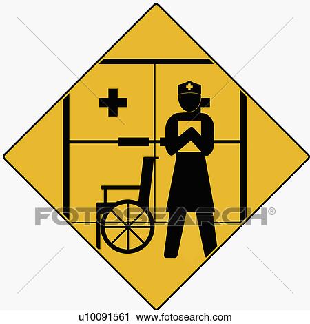 Silhouette of a nurse and a wheelchair in front of a closed door View Large Illustration Clip Art - Silhouette of a nurse and a wheelchair in front of a closed door. Fotosearch
