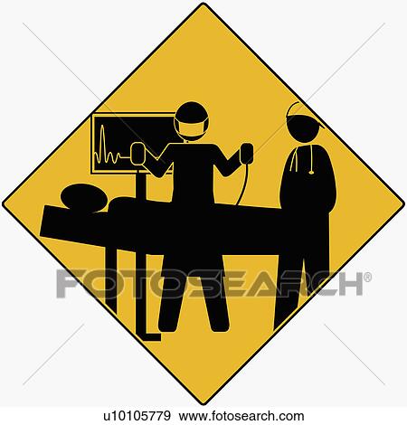 Stock Illustration - Silhouette of two doctors giving an electric shock to a patient. Fotosearch