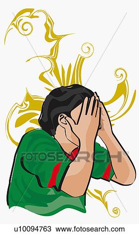 Drawing - Close-up of a soccer player hiding his face. Fotosearch