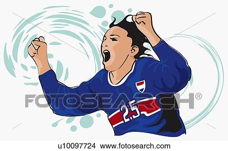 Stock Illustration - Close-up of a soccer player shouting with his arms raised. Fotosearch