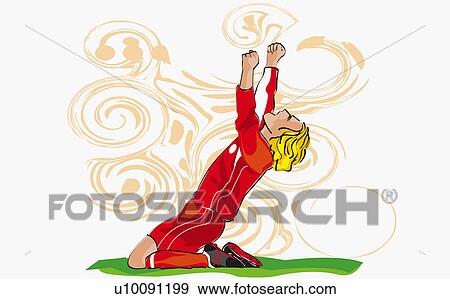 Stock Illustration - Side profile of a soccer player kneeling with his arms raised. Fotosearch