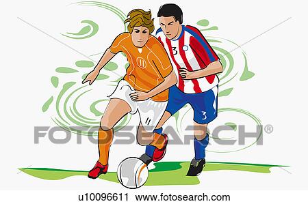 Clip Art - Two soccer players running after a soccer ball. Fotosearch