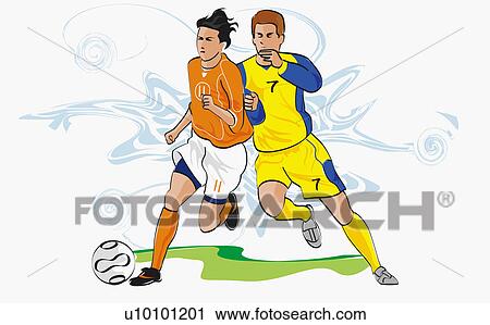 Clip Art - Two soccer players running after a soccer ball. Fotosearch