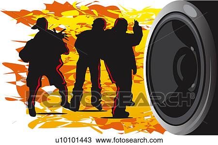 Drawing - Close-up of a speaker with the silhouette of three people dancing in the background. Fotosearch