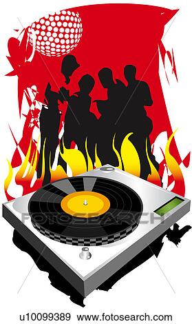 Stock Illustration - Close-up of a turn-table with the silhouette of a group of people dancing in the background. Fotosearch