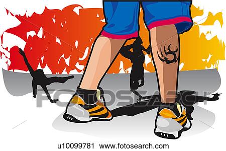 Clip Art - Low section view of a person's legs with two people breakdancing in the background. Fotosearch