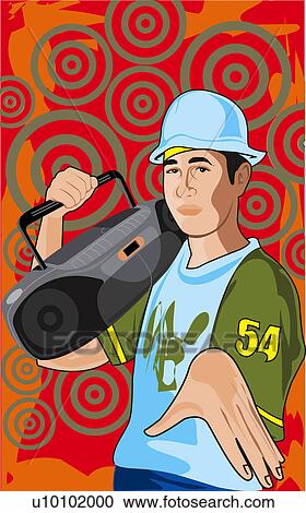 Clipart - Portrait of a young man holding a personal stereo over his shoulder. Fotosearch