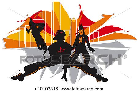 Stock Illustration - Silhouette of three people breakdancing. Fotosearch