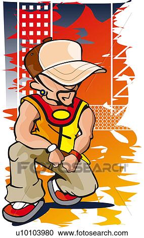 Clipart - Young man wearing a cap and crouching. Fotosearch