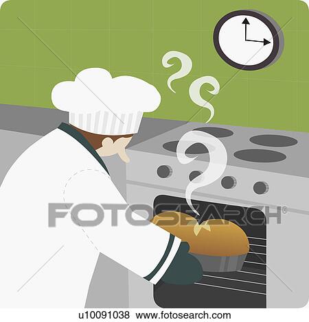 Stock Illustration - Close-up of a chef baking food in an oven. Fotosearch