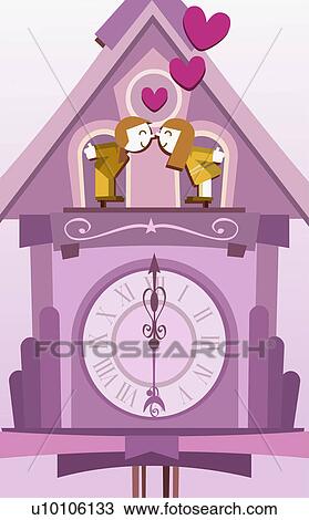 Drawing - Close-up of a girl and a boy kissing on a cuckoo clock. Fotosearch